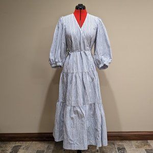 Christy Dawn Noah Blue Stripe Puff Sleeve Wrap Maxi Dress Women's Size L NWT